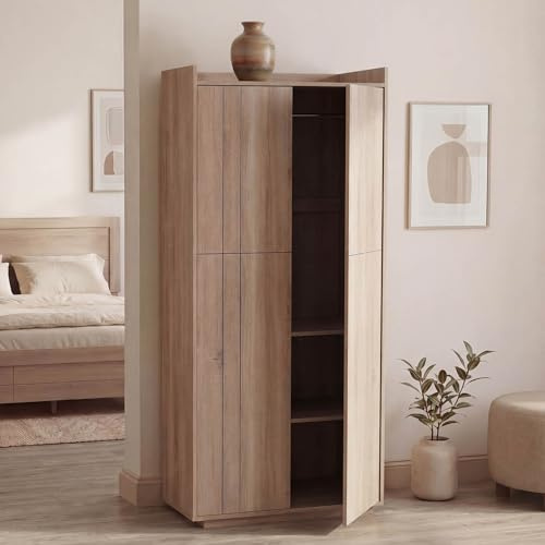 Mendler Schrank HWC-P44, Kleiderschrank Garderobenschrank 2 Türen Push-to-Open, MDF 184x80x40cm - Sonoma-Eiche-Optik