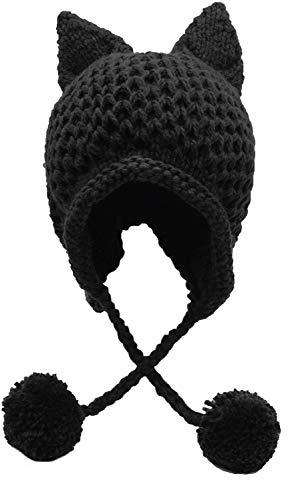 Bellady Wintermütze mit niedlichen Katzenohren, Strickmütze, Ohrenklappe, Häkelmütze, Schwarz, Einheitsgröße-M