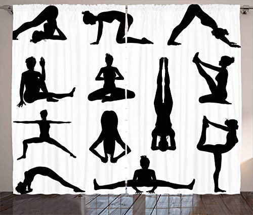 ABAKUHAUS Yoga Rustikaler Vorhang, Asanas Forms Wellness, Wohnzimmer Universalband Gardinen mit Schlaufen und Haken, 280 x 225 cm, Schwarz und Weiß