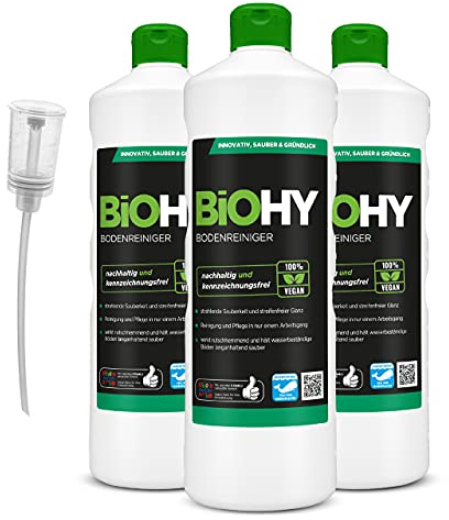 BiOHY Bodenreiniger (3 x 1 Liter) + Dosierer | Konzentrat für alle Reinigungsgeräte und alle Hartböden | angenehmer Geruch und streifenfreie Reinigung | ideal für Laminat, PVC & Stein | Bio Konzentrat