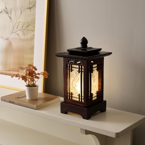Antique Alive Traditional Korean Wood Lamp | Handmade Asian Oriental Table Lantern | Bedside Bedroom Accent Light | Unique Gift Idea | Hanok Design (Brown) (Pagoda)