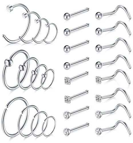 LAURITAMI 28stk Edelstahl Nasenstecker Nasenpiercing 18G 20G Nasering Nase Hoop Spirale L-förmig Set 6/8/10/12mm Diamant