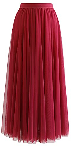 CHICWISH Maxirock für Damen, Flieder/Creme/Grau/Rosa/Schwarz, geschichtet, Netzstoff, Ballett, Abschlussball, Party, Tüll, A-Linie, Maxirock, Rot/Ausflug, einfarbig (Getaway Solids), L/XL