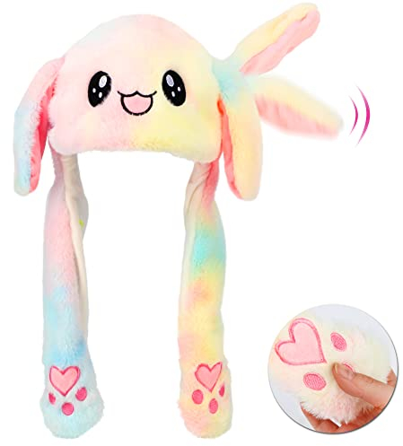 Hopearl Regenbogen Hase Hut mit Ohren Bewegen Springen Pop Up Schlagen Hut Plüsch Urlaub Cosplay Dress Up Lustige Weihnachten Winter Geburtstagsgeschenk für Kinder Jungen Mädchen, Bunt, 56cm