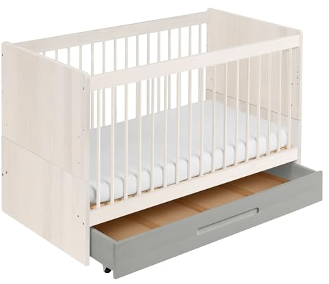 BioKinder Lina Babybett Gitterbett und Kinderbett 70 x 140 cm aus Bio-Massivholz Weiß mit Bettkasten in Elefantengrau und bionik bioduo Schurwoll Matratze