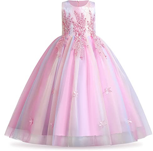 IBTOM CASTLE Vestito Elegante Gonna Lunga Abito Cerimonia Bambina Vestito Principessa Battesimo Damigella Bambina Comunione Vestiti Vestito Stratificato Tulle Tutu Abito Rosa Arcobaleno-a 11-12 Anni