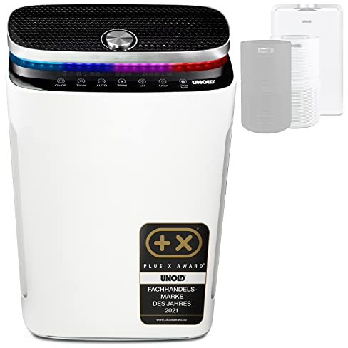 Unold 87610 Luftreiniger+ Luftbefeuchter Omega - Weiß, entfernt Pollen, Staub, Viren, Allergene, Rauch, Räume bis160 m², 99,97% effektiv, 4-Stufiges-Filtersystem, Hepa 14, Ionisator