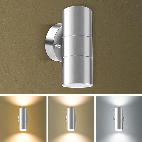 Außenwandleuchte, Auf- und Abwärtsleuchte aus Edelstahl, 2 x 8 W GU10-LED-Leuchtmittel enthalten, 3 Farbtemperatur schaltbar, IP65-wasserdichtes Silber-Außensicherheitslicht für Flur-Veranda