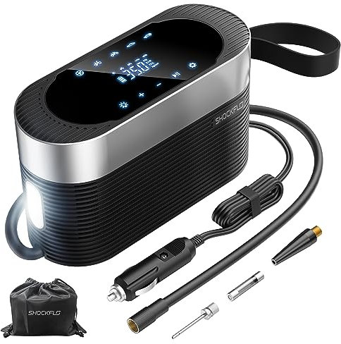 ShockFlo Inflador de neumáticos portátil compresor de aire 150PSI 35L/MIN bomba de aire eléctrica para neumáticos de coche, accesorio de coche de 12 V CC con luz LED, motocicleta, bicicleta, bolas