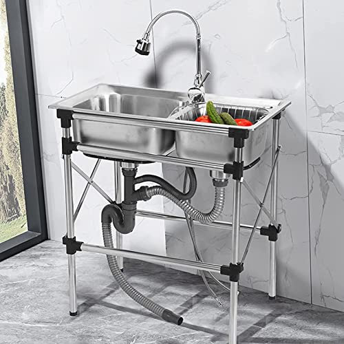 Küchenspülen Edelstahl Doppelschüssel und Abtropfmaschinen Kommerzielle Spüle Einheit mit Wasserhähnen Mobile Spüle für Outdoor Garage Küche Wäsche Einfach zu montieren,Hot and cold faucet,750X390