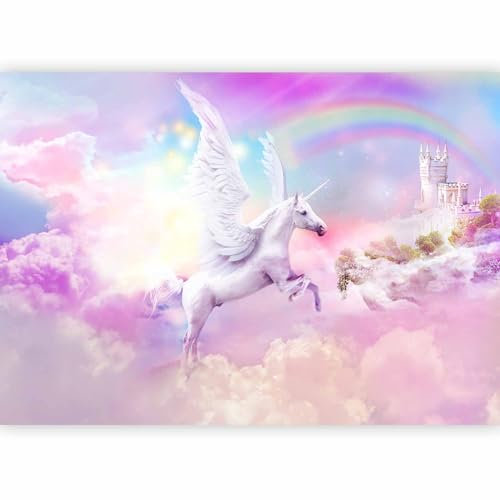 murando - Premium Photo Wallpaper Nursery 300x210 cm / 119x83 - Non-Woven Premium Art Print Fleece Wall Mural Decoration Poster Picture Design Modern - Unicorn Rainbow Castle Clouds a-A-10322-a-a