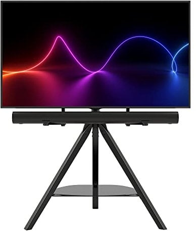 AVF Hoxton TV Floor Stand - With Soundbar Mount Included - Free-standing Tripod TV Unit, Solid Black Wood Legs, Black Glass Shelf, For TVs 32 to 70