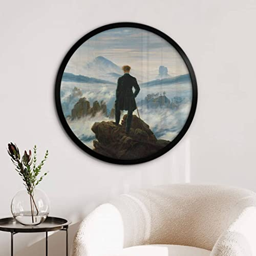 K&L Wall Art Friedrich Wanderer über Nebelmeer Poster Rund Wohnzimmer Gemälde Natur Bilder modern (Ø30 cm)