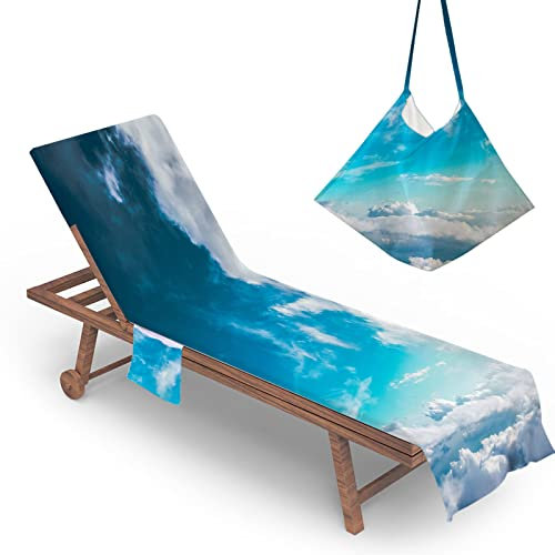 Highdi Sun Lounger Towels with Pockets, 3D Landscape Beach Sunbed Towels, Beach Chair Cover Towel, Chaise Lounge Towel Cover, Lounger Mate Beach Towel for Garden Pool (75x210cm,Blue sky)