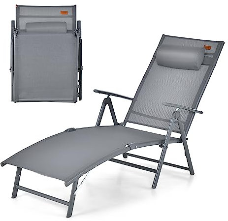 COSTWAY Tumbonas Jardin Exterior, Tumbona Plegable con Respaldo Ajustable en 7 Posiciones, y Almohada Texteline, Carga 150kg, Tumbona Piscina, Playa, Jardin (Gris)