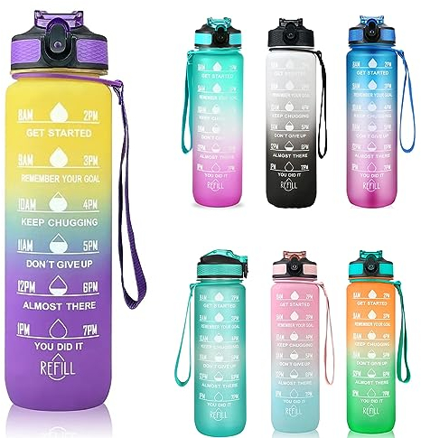 1 Litre Gourde Sport, Bouteille d'eau Avec Paille, Bouteille d'Eau Motivante avec Marquages de Temps pour Sport, Gym, Bureau, Course à pied, Sans BPA (Jaune+Bleu+Violet)