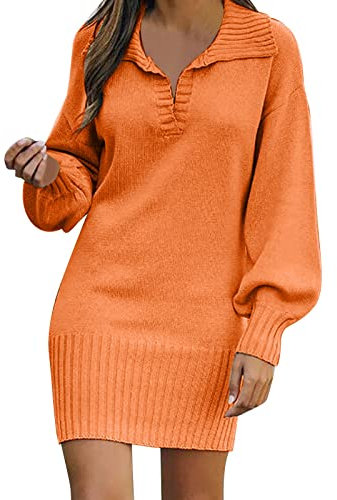 Women'S Knitted Dress Turn Down Collar V Neck Knitwear Sweater Dresses Autumn Winter Pullover Jumper Dress Fashion Solid Color Long Sleeve Y2K Party Dress For Women Tunic Jumper Dresses Orange