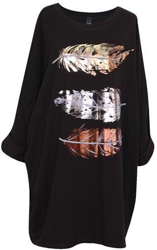Storm Island® Ladies Italian Top Women Long Sleeves Tunic Top Summer Shirt Feather Print Top Women Foil Print Top Round Neck Plus Size Shirt Fashion Party Top Oversized Dress for Girls UK Size 14-24