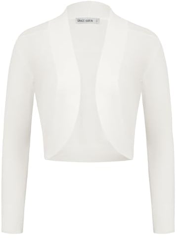 Damen Elegante Bolero Langarm Strickjacke Vorne Offen Schulterjacke Festlich Shrug Cardigan L Ivory CL2963S24-01