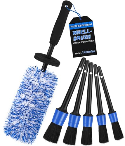 Microfiber Car Wheel Cleaning Brush Kit with Detailing Brushes, Long & Flat Alloy Wheel Cleaner Brush Tyre Rim Brush Tool for Auto Truck Motorcycle Wheel Barrel Spoked Scratch Free Wash