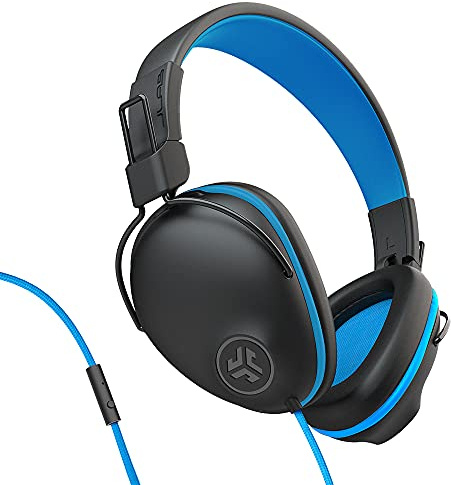 JLab JBuddies Pro Wired Over-Ear Kids Headphones, Built-in Volume Regulators for Safety, Folding, Adjustable, Noise Isolation, with Mic, Blue