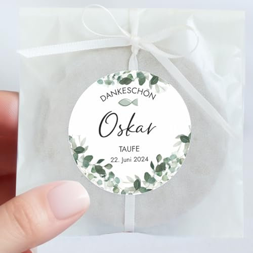 Mimi und Anton TAUFE DANKESCHÖN Aufkleber personalisiert mit deinem Wunschnamen | 12x Sticker rund 5 cm | Vielen Dank TAUFE Deko Sticker | Eukalyptus Greenery