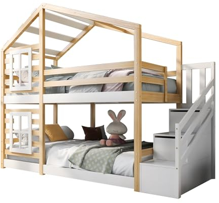 Ntxplora Kinderbett Baumhaus, zweistöckiges Kinderhochbett mit DREI Schubladen und Rausfallschutz 90 x 200 cm, Matratze Nicht im Lieferumfang enthalten