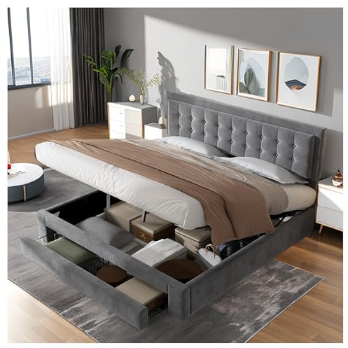 Racxily Letto imbottito 160x200 con contenitore e 2 cassetti, letto matrimoniale,tessuto in velluto, rete a doghe con testata, letto contenitore matrimoniale,grigio