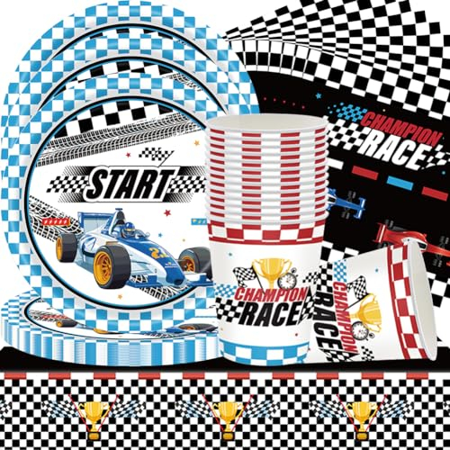 QWEPU Cars Kit Party, 61 Stück Auto Geburtstag Party Set, Pappteller, Pappbecher, Papierserviette, Tischdecke, Blau, Auto/Rennsport