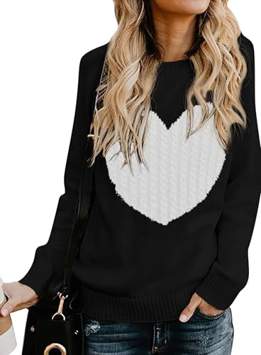 QIXING Women's Jumper Heart-Shaped Cable Knit Winter Sweater Round Neck Long Sleeve Valentine's Day Pullover for Mother Girlfriend