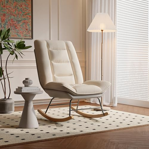 Lazyspace Schaukelstuhl, Ruhesessel mit Verstellbarer Extra Langer Rückenlehne, Schaukelliege Relaxstuhl, Metallgestell und Rutschfestes Pad Holzsockel, Tech Fabric, Beige 77 x 90 x 100 cm