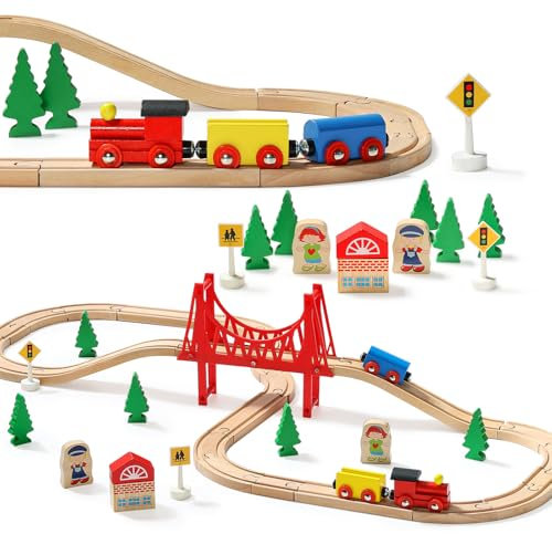 SainSmart Jr. 37 Pcs Holzeisenbahn und Züge Pack Eisenbahn Anfängerset Kompatibel mit Thomas Passend für Eichhorn Zugset Kleinkinderspielzeug empfohlen ab 3 Jahren