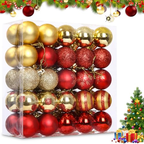 Bixury Palline di Natale Rosse Oro, 50 Palline Natale Infrangibili Con Ganci per palline di Natale Diametro 4 cm im 9 Stil, Decorazioni Albero di Natale con gancio, infrangibili, per interni