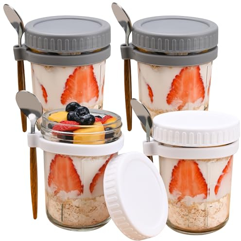 4er-Set Overnight Oats Gläser mit Deckel und Löffel – 16 oz Glasbehälter für Müsli, Joghurt, Salat & Meal Prep – Auslaufsicher & Hochwertiges Glas – Perfekt für unterwegs & Zuhause