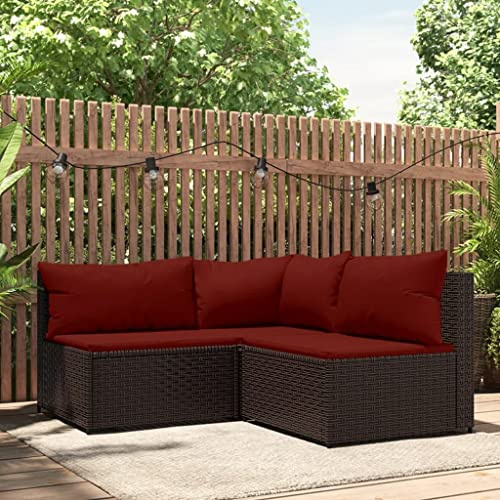 Hommdiy Gartenmöbel Set Balkonmöbel 3-TLG. Garten-Lounge-Set mit Kissen Poly Rattan Braun und Rot Eckteil + 2X Mittelteil