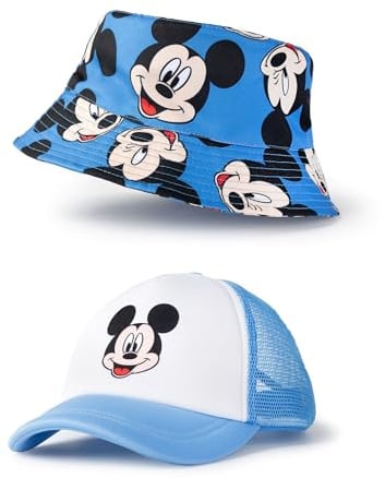 Disney Blaues Micky Maus Fischerhut- und Mützen-Set | Zweier-Pack grafische Hüte für Jungen | Lässige Sonnenschutzbekleidung | Atmungsaktive Netzkappe und klassischer Fischerhut