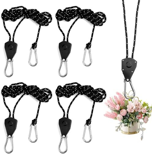 4 Pezzi Cricchetto di Corda Regolabili, 2,5m Corda Cricchetto con Gancio 1/8 Rope Ratchet, Cricchetti Pesanti per Pianta Crescere Lampada, Tenda, Escursioni