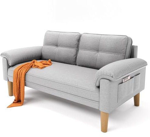 Xbro Couch 2 Sitzer, Kleine Sofa 2 Sitzer mit Armlehne und Seitentasche, Modernes Stoffcouch für Wohnzimmer,Wohnung,Büro,Einfache Montage, 144 x 77 x 77 cm, Hellgrau