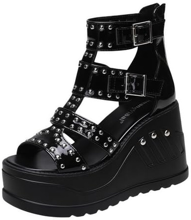 FQLGJMY Chaussures de style Punk pour femmes végétaliennes Chunky Goth Chaussures avec des étoiles du crâne Croix chaîne de cœur Rivet Open Toe Slip sur la plateforme Sandales de coulissement de coin