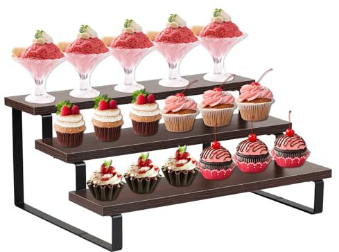 Yallmie Espositore 3 Livelli Legno, Espositore Profumi Piccoli Alzatine Per Allestimenti Buffet Porta Cupcake Espositore Scaletta Legno Organizer per Profumi, Cupcake, Rossetto, Spezie (effetto noce)