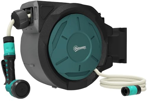 Outsunny Schlauchaufroller, Wasserschlauchhaspel, 25+2 m, mit Wandhalterung + Griff, um 180° drehbar, 7 Wasserstrahloptionen, schwarz