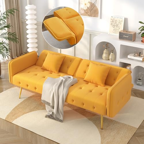 ECLIVON Sofa mit Schlaffunktion, 2 in 1 Schlafsofa für Wohnzimmer, Sofas & Couches mit Verstellbarer Rückenlehne, Sofa Bett Klappbar mit Kissen, Schlafcouch Lounge für Schlafzimmer, Samt (Gelb)