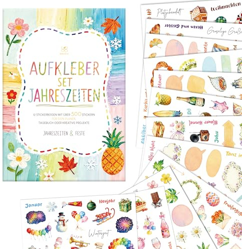 BIROYAL 12 Blätter Jahreszeiten Sticker Set, über 500 Aufkleber Aquarell | Scrapbook Sticker für Fotoalbum Bullet Journal Zubehör Deko, DIY Aufkleber für Kinder Erwachsene Basteln Geschenke, 17 x 24cm