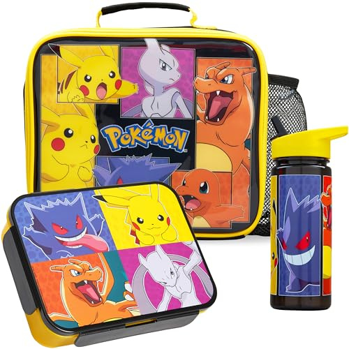 Get Trend Pokemon Brotdose Kinder Set 3-Teilig, 4L Isolierte Lunchtasche, 600ml Trinkflasche & Snackbox mit Fächern, BPA Frei, Super Leicht & Robust für Schule & Kindergarten