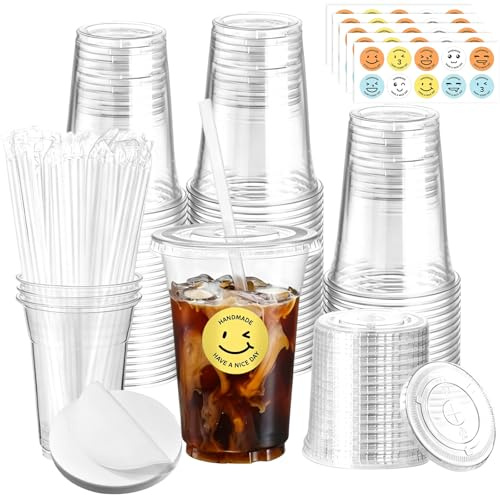 50Pcs Clear Plastic Cups with Lids and Straws, 16oz Reusable Drink Cup