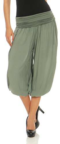 Malito – Damen Haremshose – Pumphose aus Baumwolle – Kurze Stoffhose für den Sommer – Capri Pluderhose zum Tanzen, Chillen & Yoga – knielange Hose 1483 (Oliv)