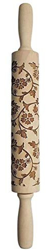 Gravé Broche Rouleau en Bois, Anti - Adhérent Laser Embossing W/Motif à Pâtisserie Gâteau Fondant Pâte à Cuisson Décoration Cookie Biscuit Nouille Relief Roulant Outil - 38x5cm - Rotin
