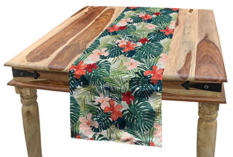 ABAKUHAUS Blatt Tischläufer, Natur Crepe Ginger Blume, Esszimmer Küche Rechteckiger Dekorativer Tischläufer, 40 x 300 cm, Dunkelgrün Grün