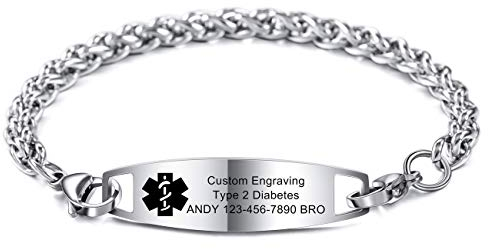 MOWOM Medical Alerta Pulsera Grabado Personalizado Alergia Vida Identificación Nombre ID para Hombres Mujer Acero Inoxidable (Plata Color Llanura Etiqueta & Plata Color Trigo Cadena)