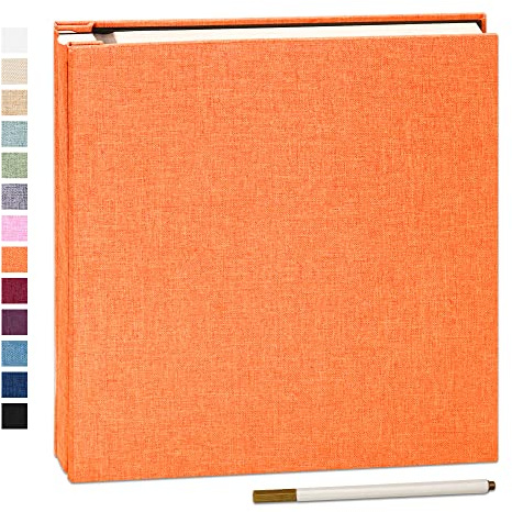 Yopih Selbstklebendes Fotoalbum aus Leinen 40 Seiten, 28x27 cm, Orange | Fotobuch zum Selbstgestalten, Für 10x15 & 13x18 Fotos, mit Metallstift, Hochzeit Baby Reise Geschenk, Schwarz